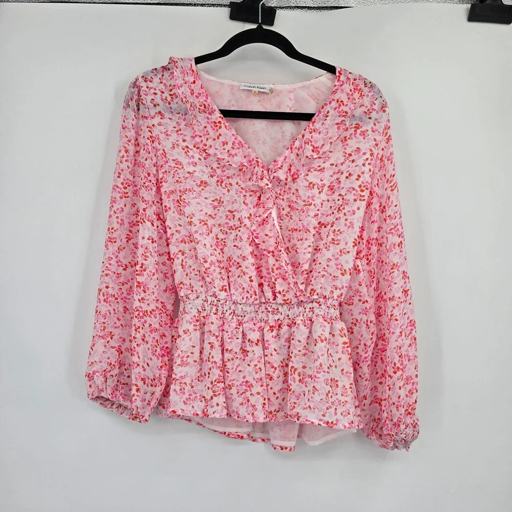 Calvin Klein Womens Pink Floral Smocked Peplum Blouse Ruffle V-Neck Top Medium‎